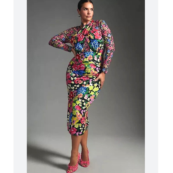 Anthropologie | Dresses | Nwt Anthropologie Mesh Halter Mockneck Dress  Floral Bodycon Midi Black Floral | Poshmark